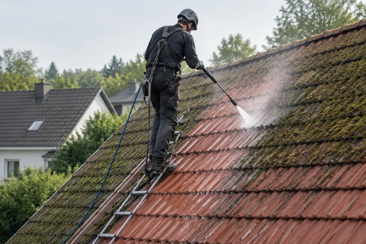 Handwerker reinigt ein bemoostes Ziegeldach mit dem Hochdruckreiniger