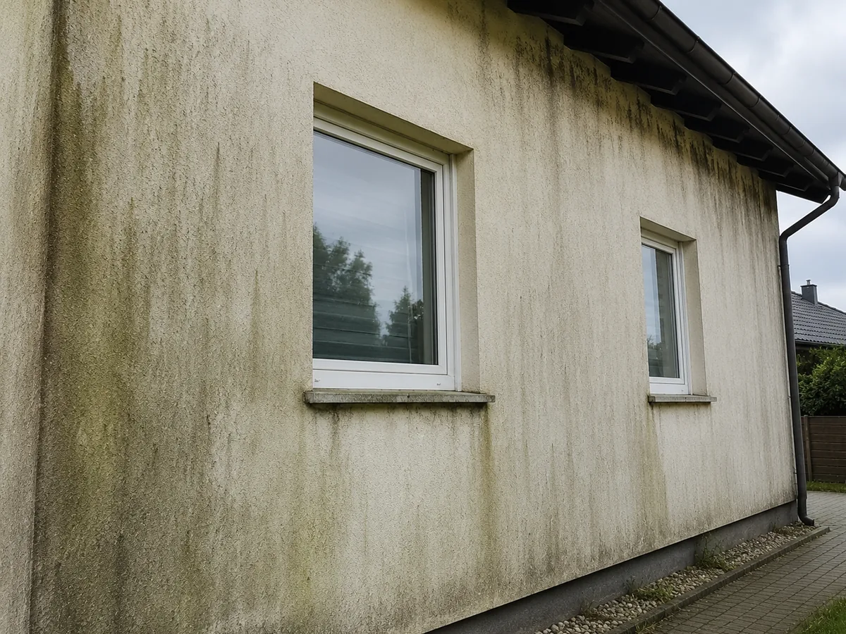 Fassade mit Algen und Grünbelag vor der Reinigung