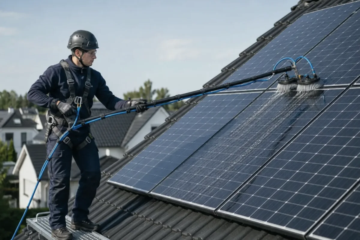 Handwerker reinigt Photovoltaikmodule mit einer Teleskop-Waschbürste