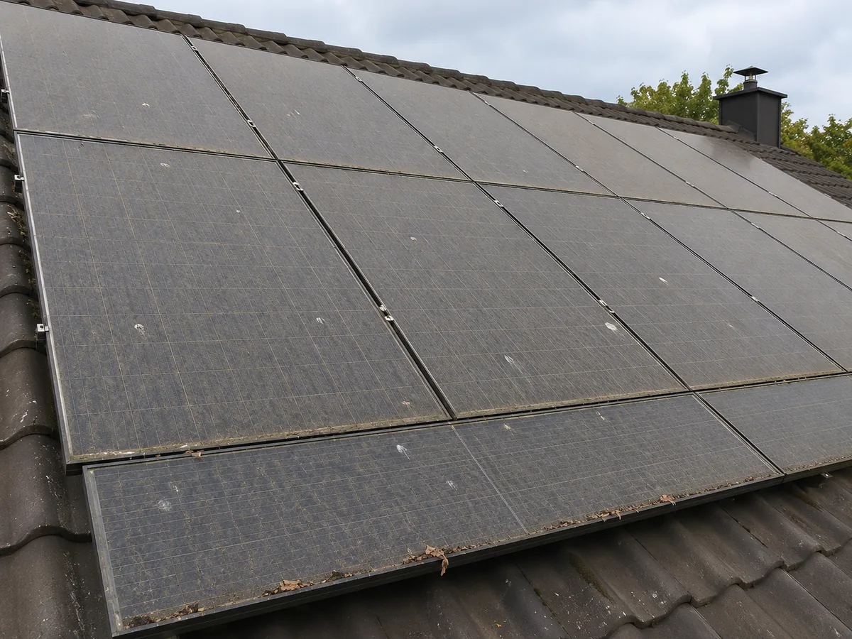 Solarmodule mit Staub, Pollen und Vogelkot vor der Reinigung